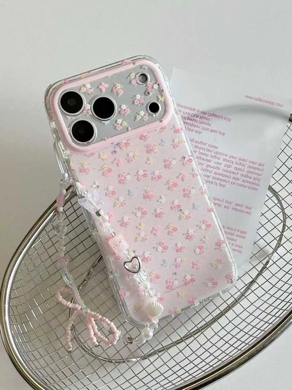 Pink Floral Clear Phone Case with Beaded Wrist Strap